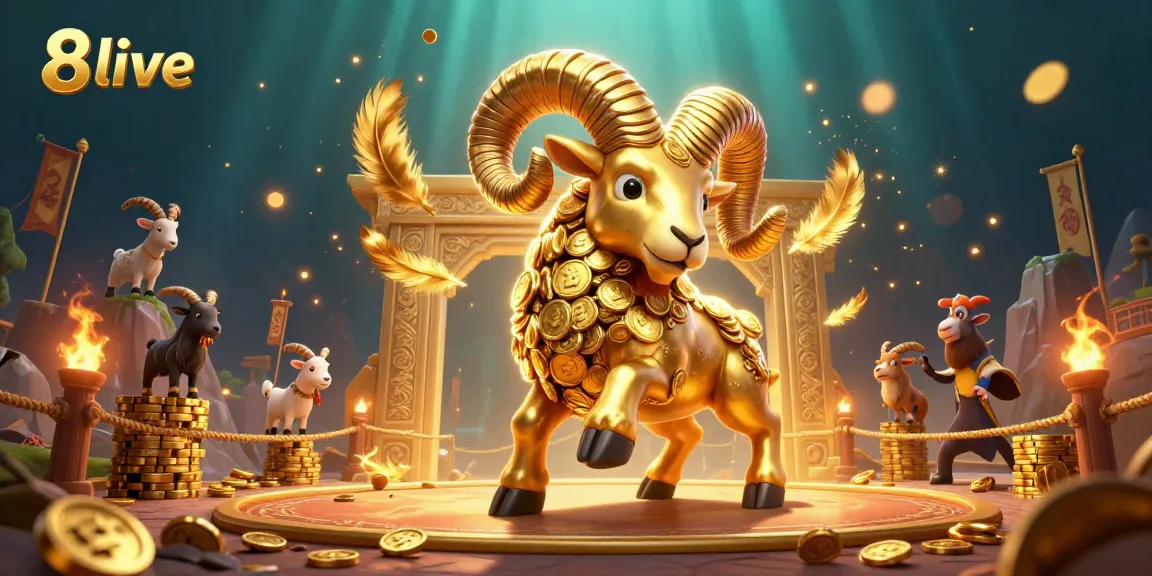 Engage in thrilling gambling action at 8live, featuring a golden ram breaking through a temple gate amidst swirling golden feathers and chaotic betting tokens.