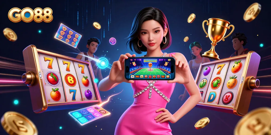 Experience GO88 with an Asian woman showcasing a live dealer casino game amidst vibrant slot elements.