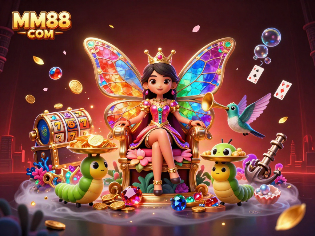 Experience the vibrant world of MM88 COM slots with a dazzling butterfly queen and exciting gaming elements.