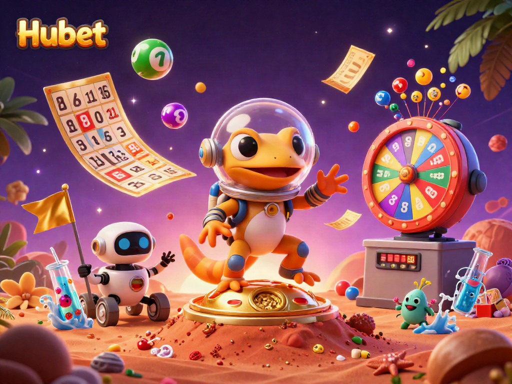 Engage in Hubet's vibrant casino adventure with colorful lottery elements and dynamic characters.