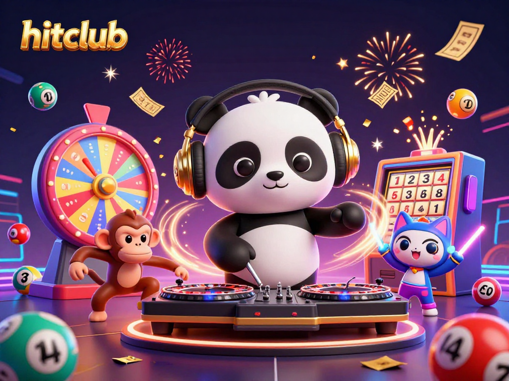 Experience vibrant gaming action at hitclub with a DJ panda, lottery balls, and festive elements.