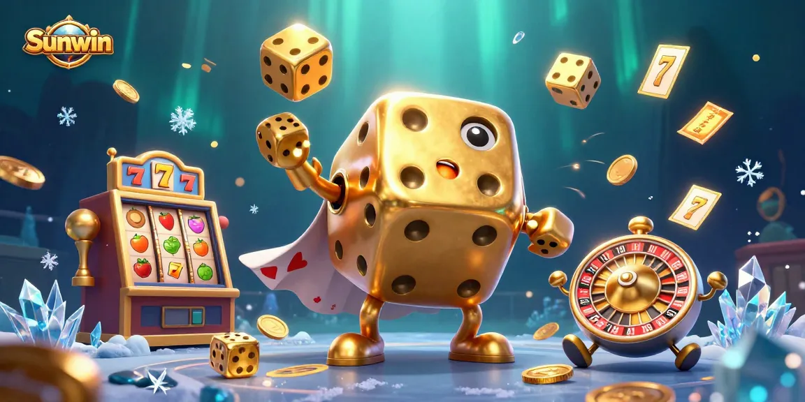 Sunwin features a lively 3D scene with a golden dice golem and slot elements creating an engaging gaming atmosphere.