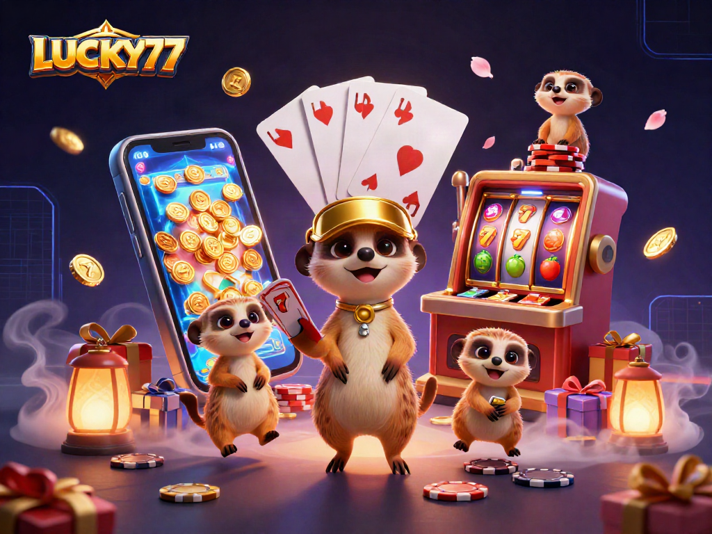 Experience thrilling gameplay with LUCKY77 in a vibrant casino scene featuring playful meerkats.