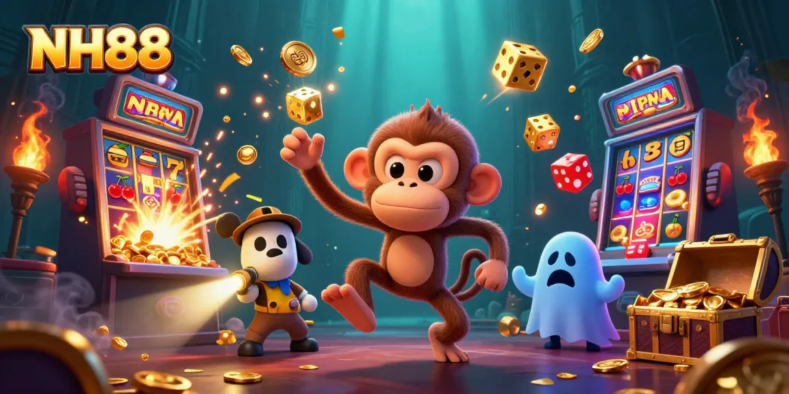Engage with NH88's thrilling gaming experience, featuring a playful poltergeist monkey and ghost-hunter puppy amidst vibrant casino elements.