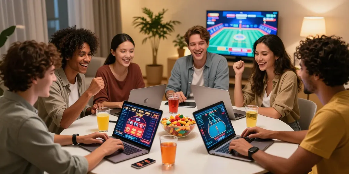 Friends playing at credit card casinos with laptops and snacks in a cozy living room.