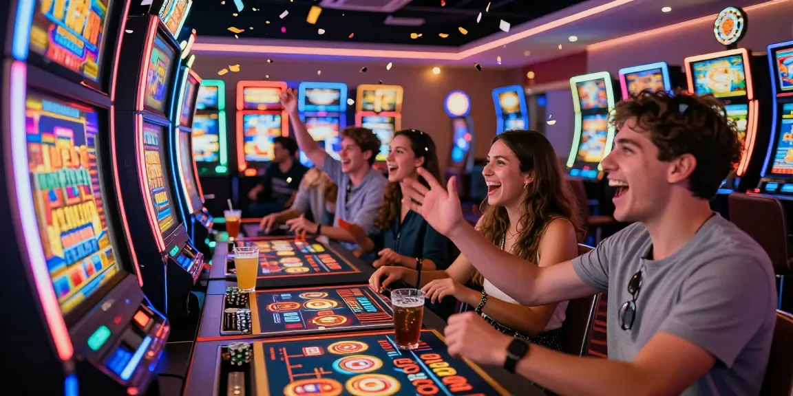 Keberuntungan di slot depo 10k dengan teman-teman bersemangat dan mesin slot berwarna-warni di kasino malam.