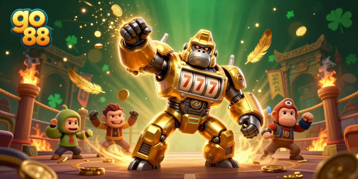 Engage in excitement with go 88 as golden gorilla mech and piggy bank elements illuminate a thrilling casino adventure.