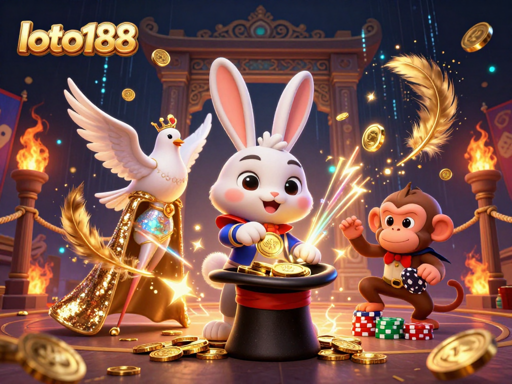 Engage with loto188's gaming magic featuring a rabbit, dove, and monkey in a vibrant casino scene.
