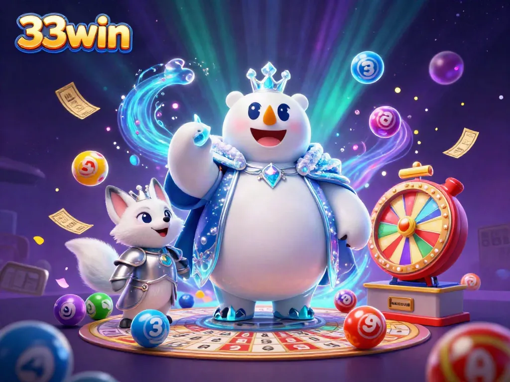 33win's vibrant gaming world, showcasing cartoon characters amidst dynamic lottery elements.