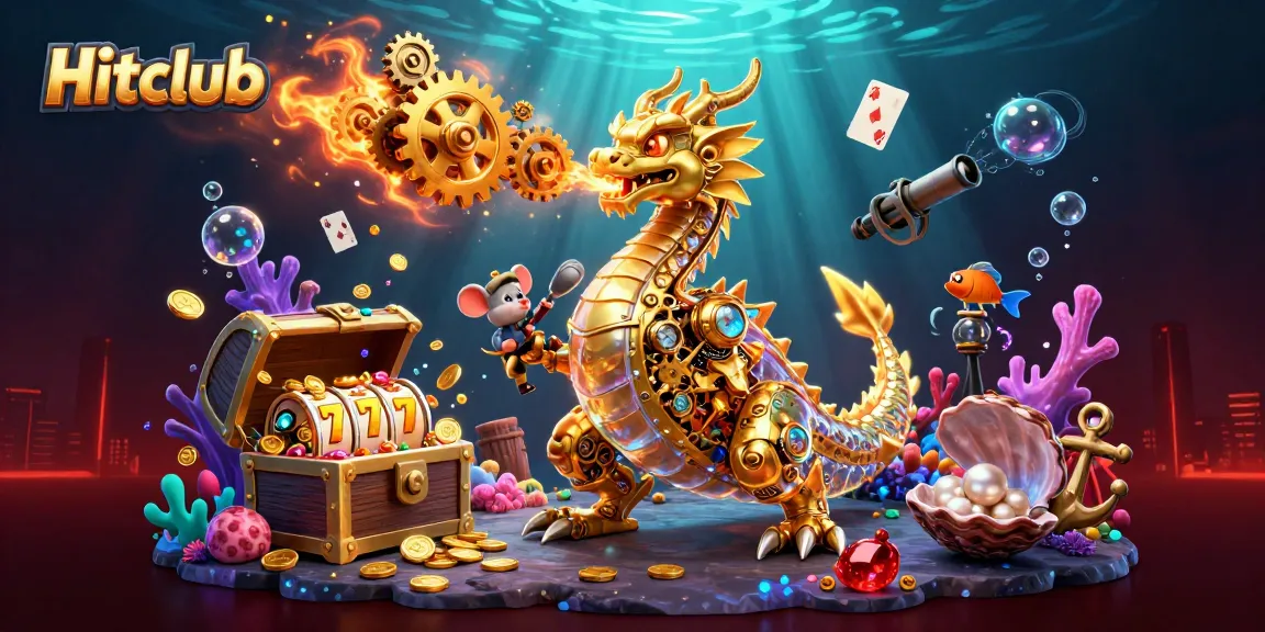 Experience Hitclub's thrilling action with a golden dragon amidst slot reels and treasure.