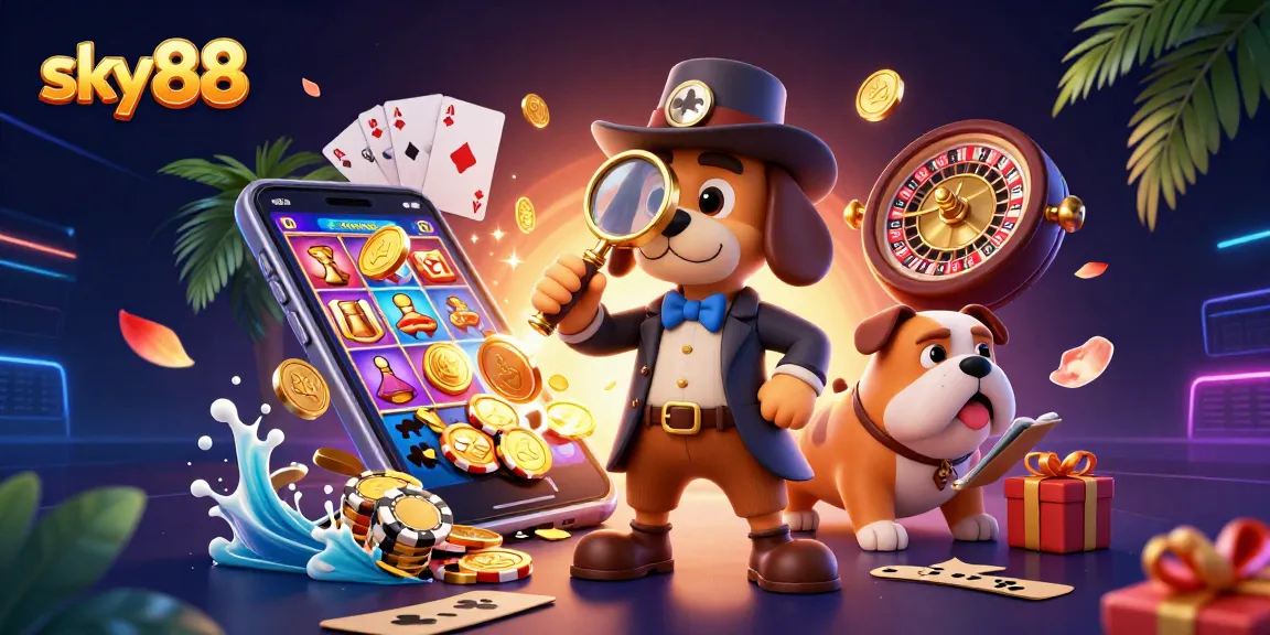 Engage with the sky88 gaming excitement through a vibrant scene depicting a detective uncovering casino treasures.