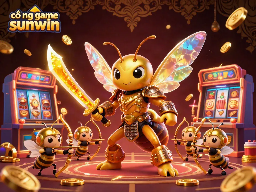 Experience the vibrant world of cổng game sunwin with a golden hornet warrior and bee archers amidst slot games.
