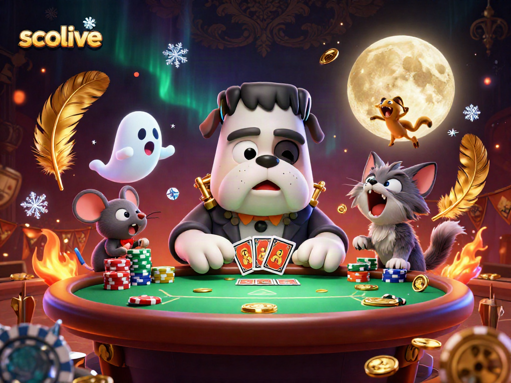 Socolive's lively 3D casino scene with a Frankenstein bulldog and poker elements.