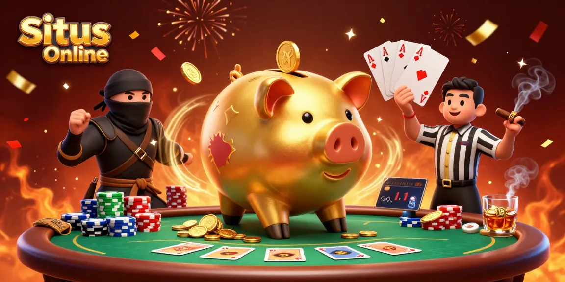 Situs Poker Online featuring a golden sumo wrestler and dynamic poker action, celebrating winning moments.