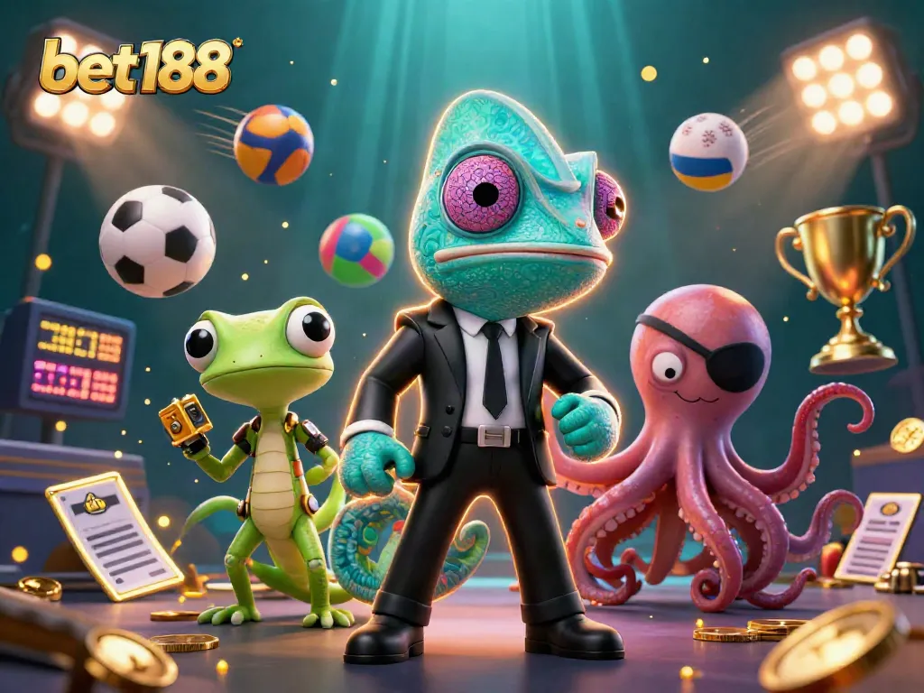 Bet188 showcases a dynamic 3D gambling scene with sports elements, cartoon characters, and golden accents.