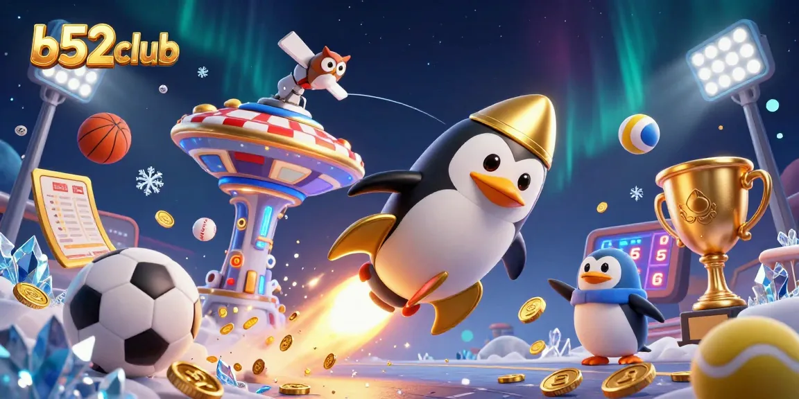 Experience thrilling gaming at b52club with dynamic gambling elements surrounding a golden penguin.
