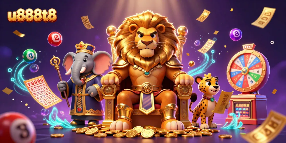 Experience the excitement of u888t8 with a 3D illustration showcasing winning games and vibrant casino elements.