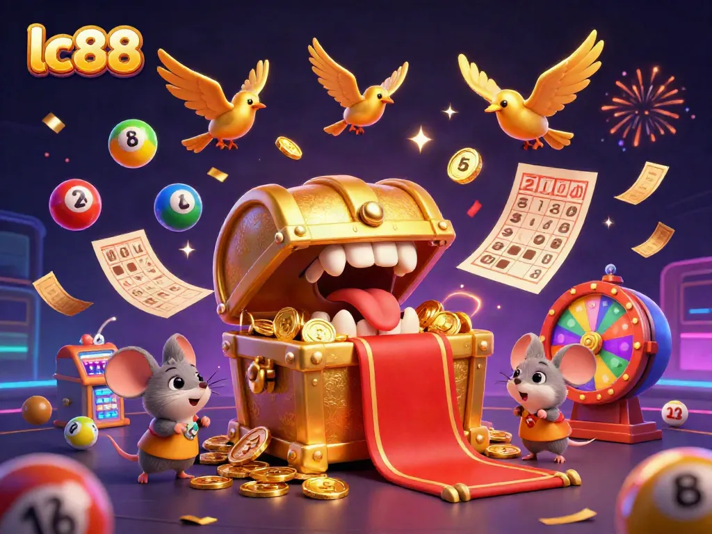 Engage in winning strategies with lc88's colorful casino animation, filled with vibrant lottery elements.