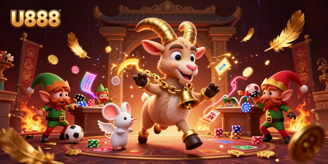 U888 casino scene featuring Krampus, an angel mouse, and elf gremlins engaging in sports betting and stealing chips.
