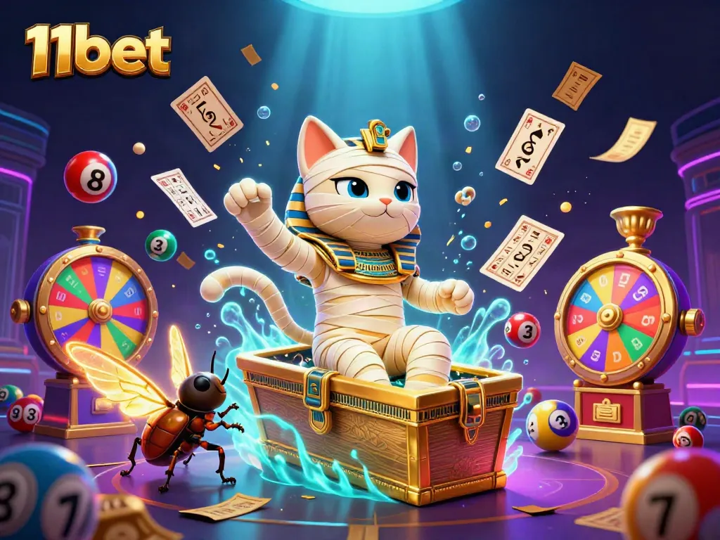 Experience thrilling gaming with 11bet as the Egyptian mummy cat and beetle join the action in an energetic casino scene.