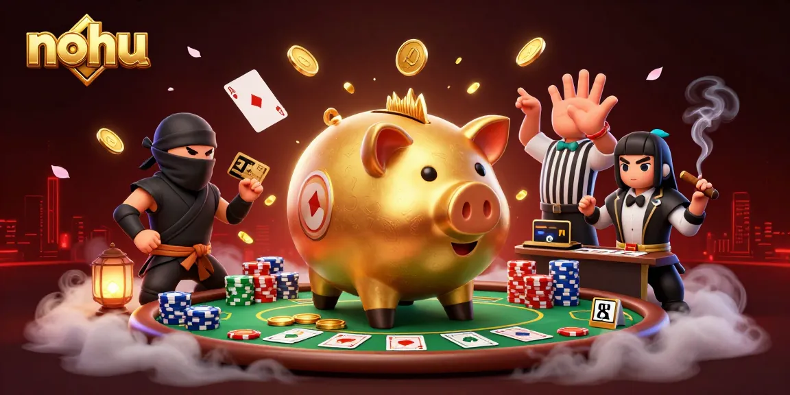Nohu showcases a dynamic scene with a piggy bank sumo wrestler amidst high-stakes poker elements.