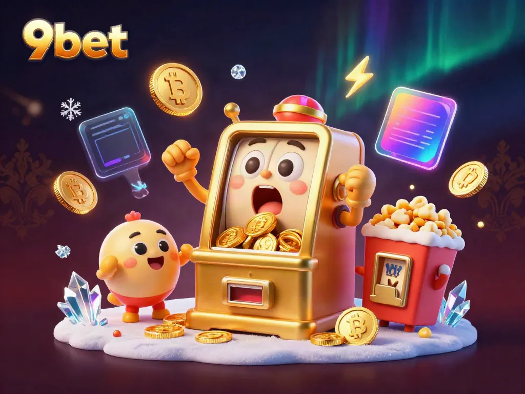 Experience winning at 9bet with a vibrant 3D slot machine celebrating its jackpot surrounded by golden coins.