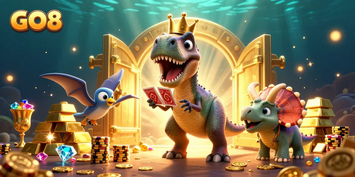 GO8 theme scene showcasing a T-Rex card game with vibrant gems and gold.