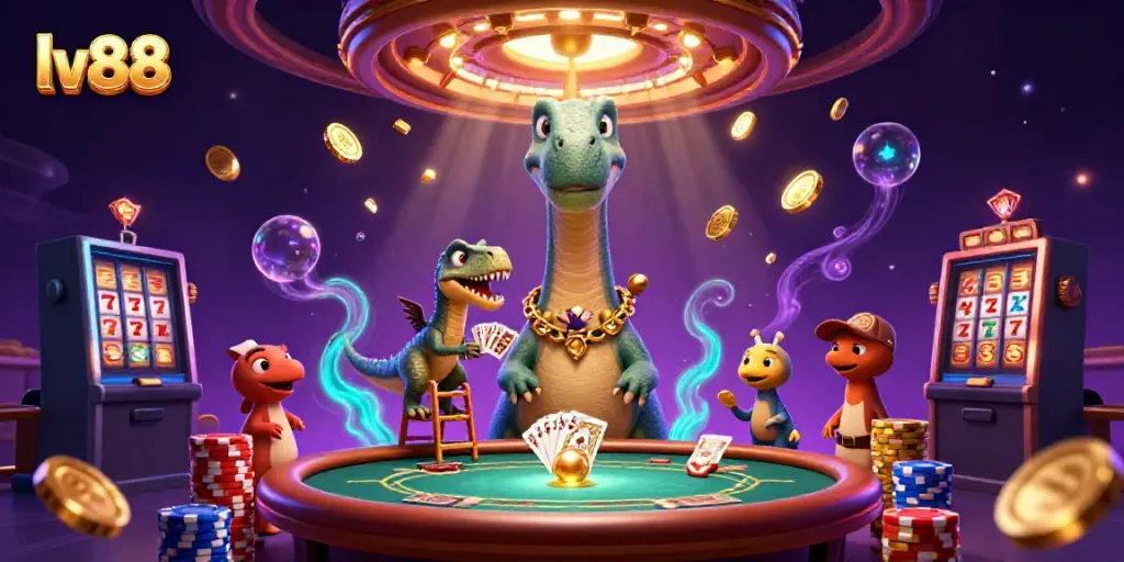 Experience the excitement of lv88 with a towering brontosaurus in a dynamic casino scene filled with games and rewards.