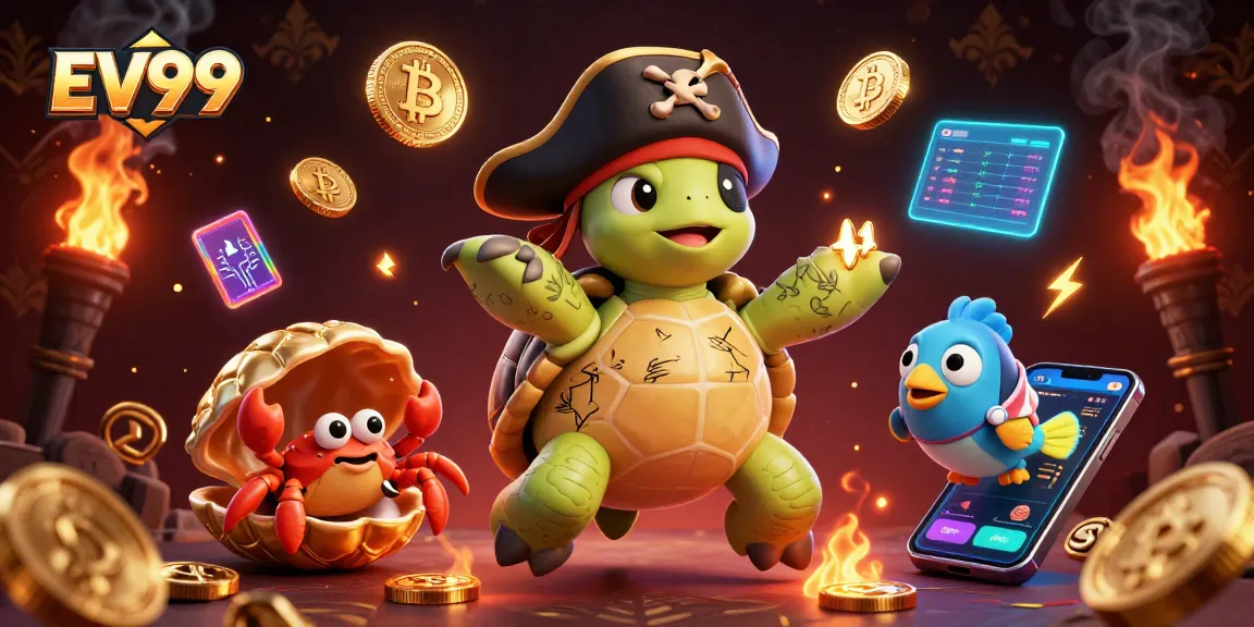 Engage with the thrilling EV99 experience featuring vibrant characters amidst a dynamic crypto casino scene.
