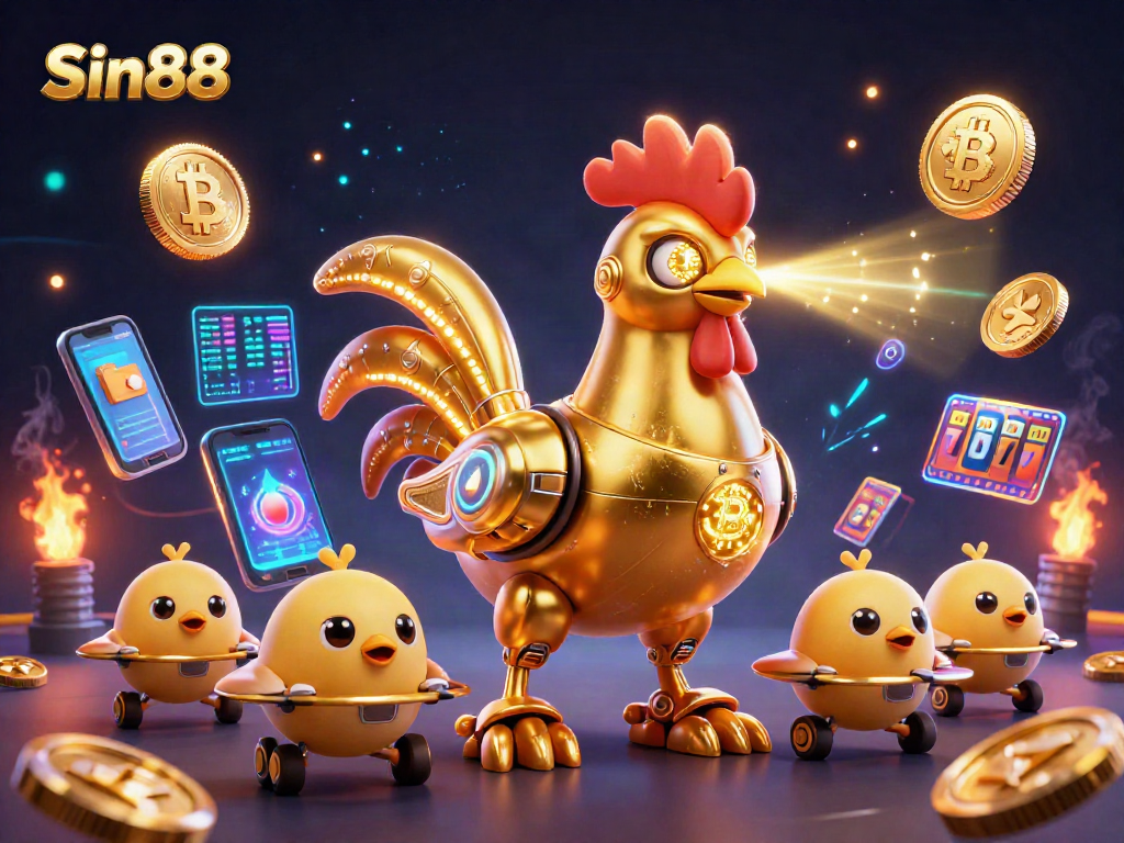 Sin88 engages players with vibrant slot action amidst glowing crypto coins and dynamic game elements.