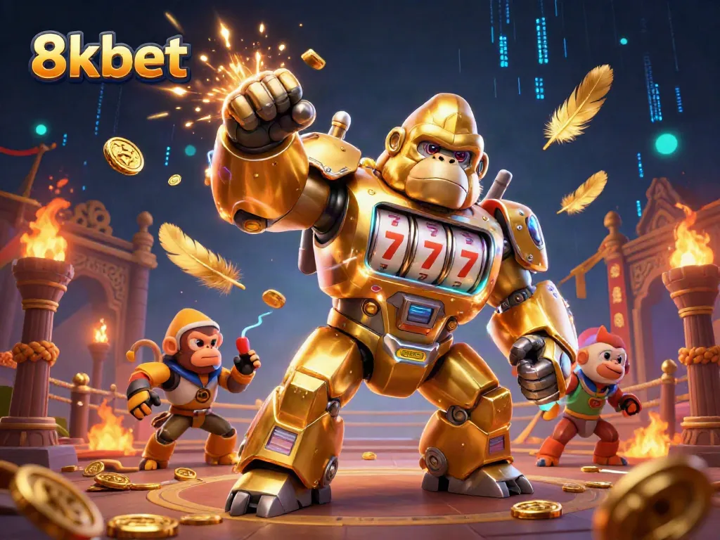 Experience thrilling action with 8kbet featuring a golden gorilla mech amidst vibrant gaming elements.
