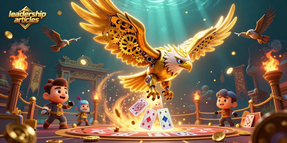 Engage with leadership articles featuring a dynamic 3D illustration of an eagle and holographic cards in a casino setting