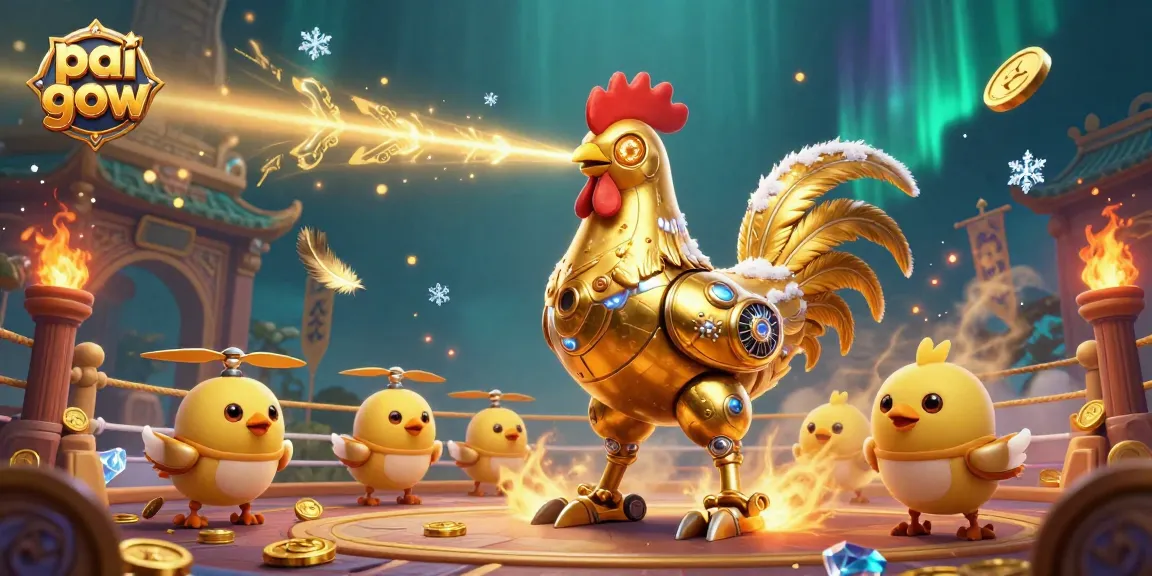 Engage in the exciting game of pai gow with golden rooster robot and baby chick drones in action.