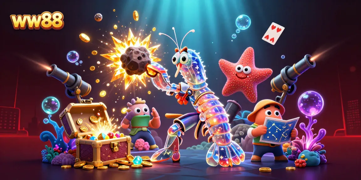 Experience thrilling wins at ww88 with a vibrant 3D illustration of lucky characters amidst treasures.