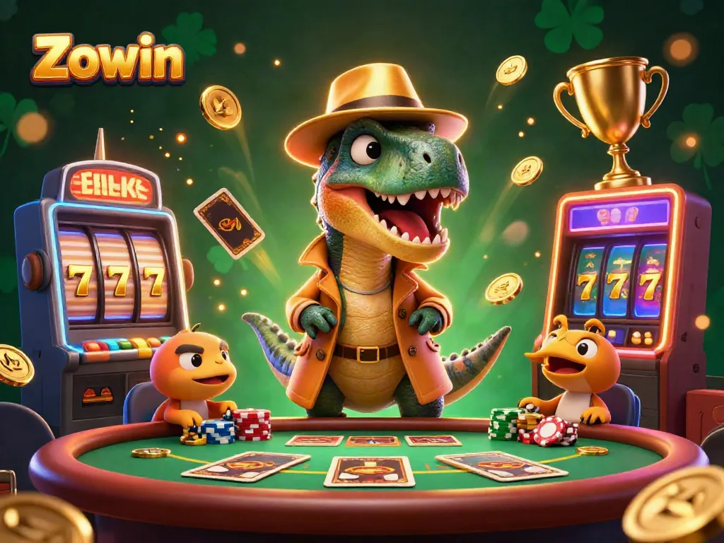 Zowin offers dynamic slots gameplay featuring a velociraptor cleverly at a blackjack table in a vibrant casino scene.