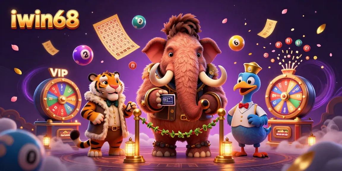 Woolly mammoth bouncer checks IDs at iwin68's vibrant casino entrance, surrounded by lottery elements.