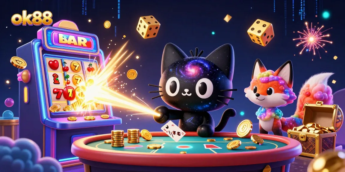 ok88 cosmos casino illustration with a black hole cat and colorful elements exploding with energy