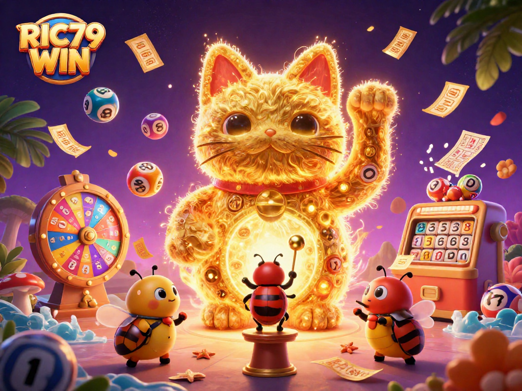 Experience RIC79 WIN in a vibrant 3D illustration of a lucky cat and dynamic casino elements.