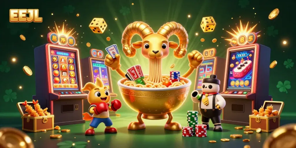 Engaging EEJL illustration showcasing a golden ramen bowl and casino excitement.