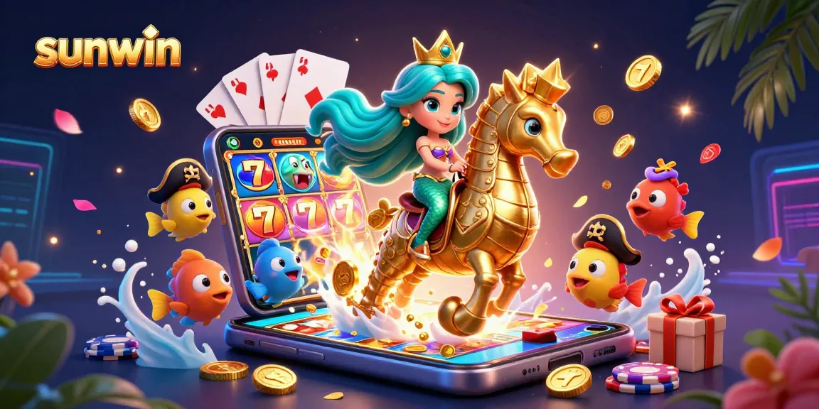 Experience sunwin’s vibrant casino world with a mermaid princess and giant seahorse amidst captivating gaming elements.