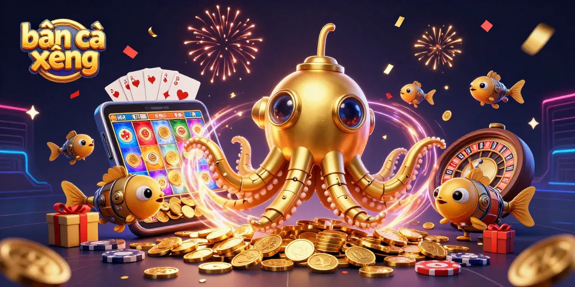 Bắn cá xèng showcases thrilling underwater action with a golden kraken submarine and mechanical fish.