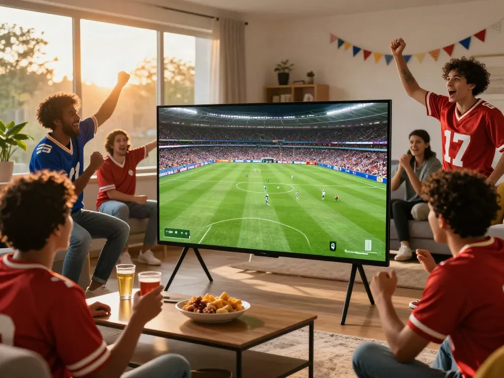 Socolive fans enjoying live football match together in a vibrant living room.