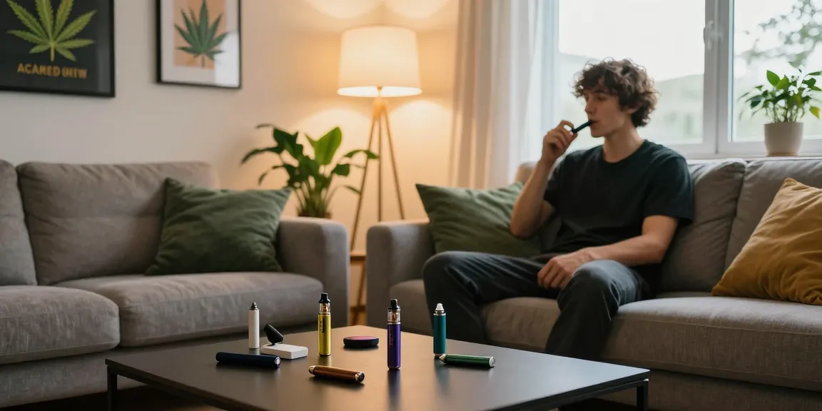 Relaxed person enjoying weed vapes in a cozy living room.