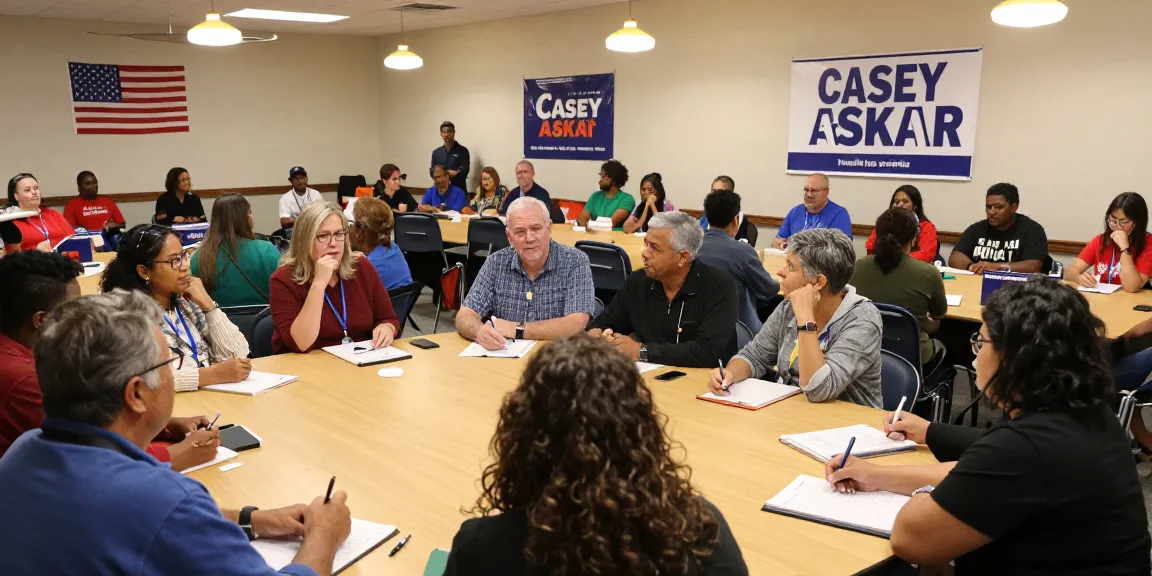 Casey Askar featured in a lively town hall meeting, connecting with engaged community voters.
