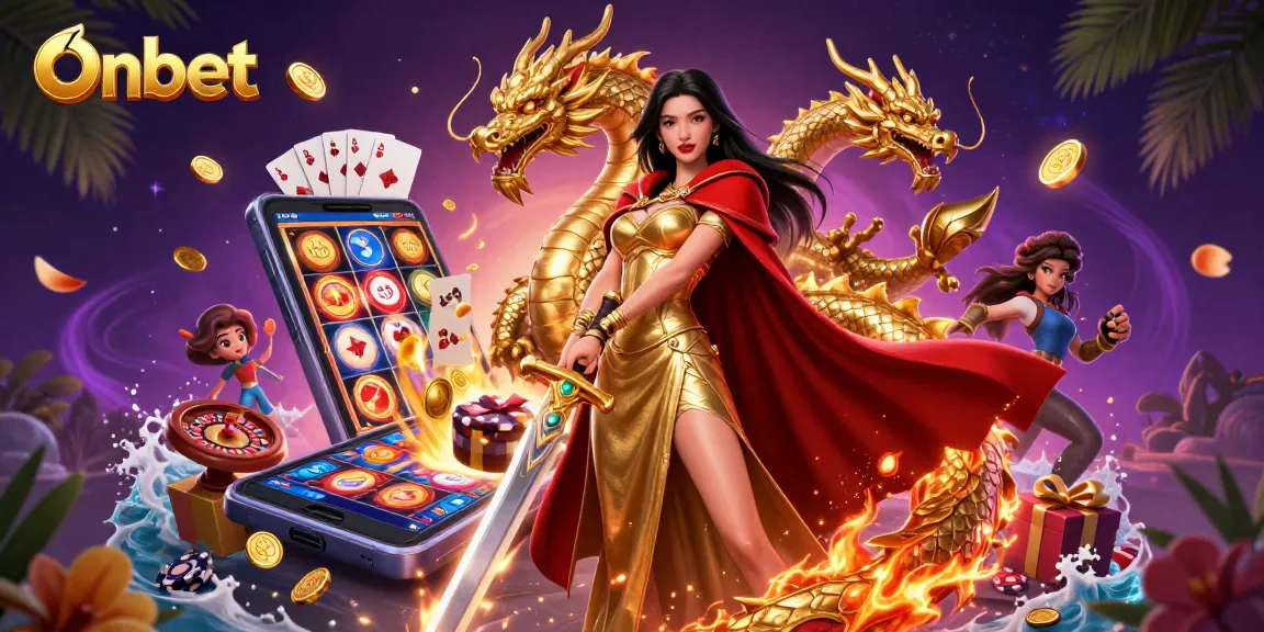 Engage with Onbet's vibrant casino experience featuring a warrior queen with gaming elements and a golden dragon.