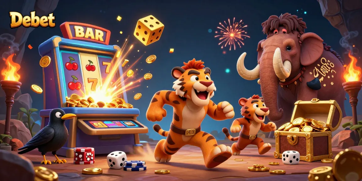 Bet on thrilling jackpots with Debet's dynamic prehistoric casino scene featuring excitement and game elements.