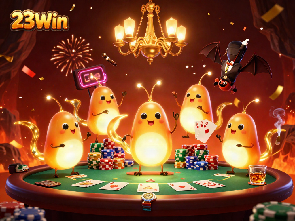 Experience vibrant gaming action at 23Win’s cave casino with glowworms and a bat dealer.