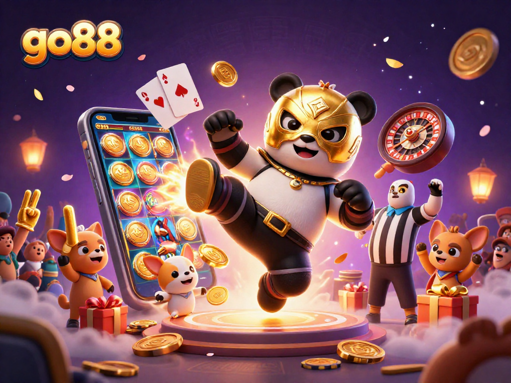 Experience thrilling action at go88 with a panda wrestler delivering a flying kick amidst exciting casino elements.