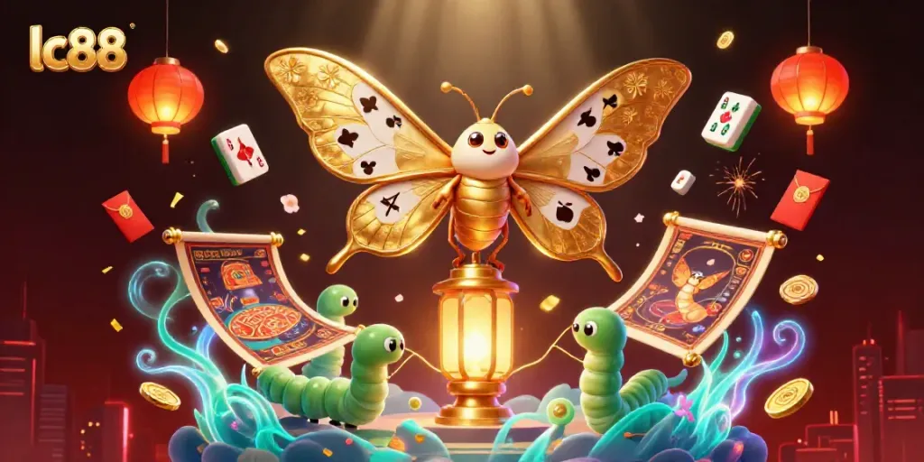 Engage with lc88's vibrant casino scene featuring a majestic moth and golden lanterns.