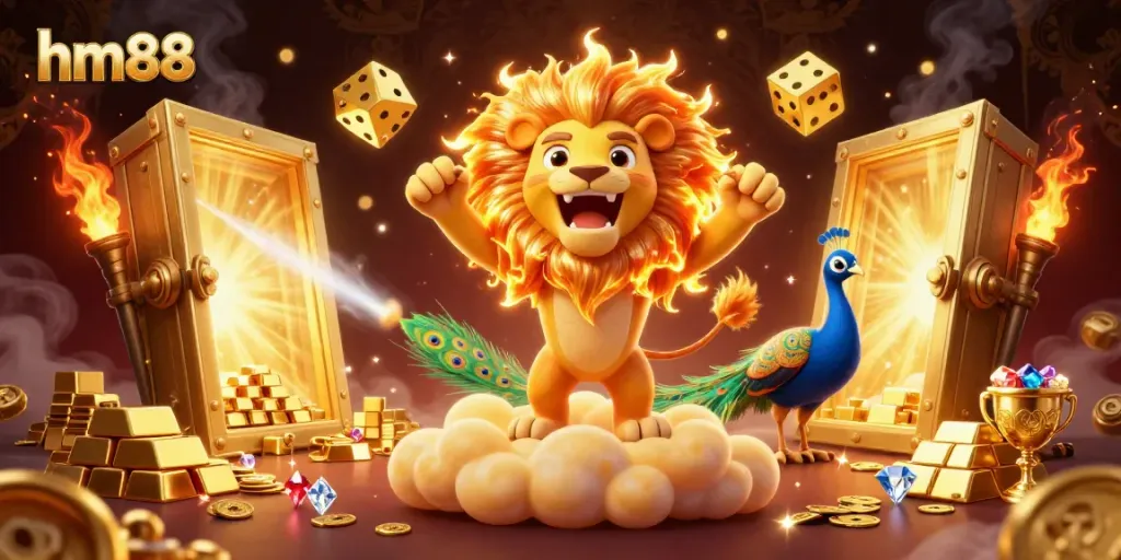 Engage with the thrilling world of hm88 as a cartoon lion roars triumphantly amidst golden treasures.